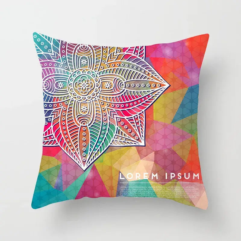 Ethnic decorbites geometric square pillowcase with white mandala on multicolored geometric teal and gold background