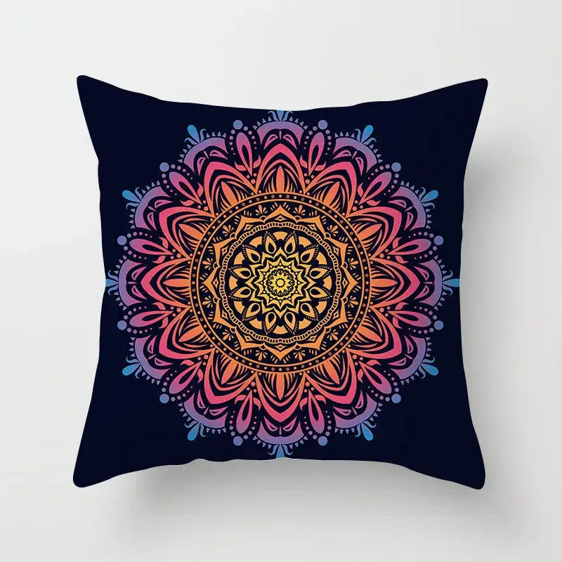 Ethnic geometric square pillowcase with vibrant teal and gold mandala design on dark navy decorbites geometric square decor