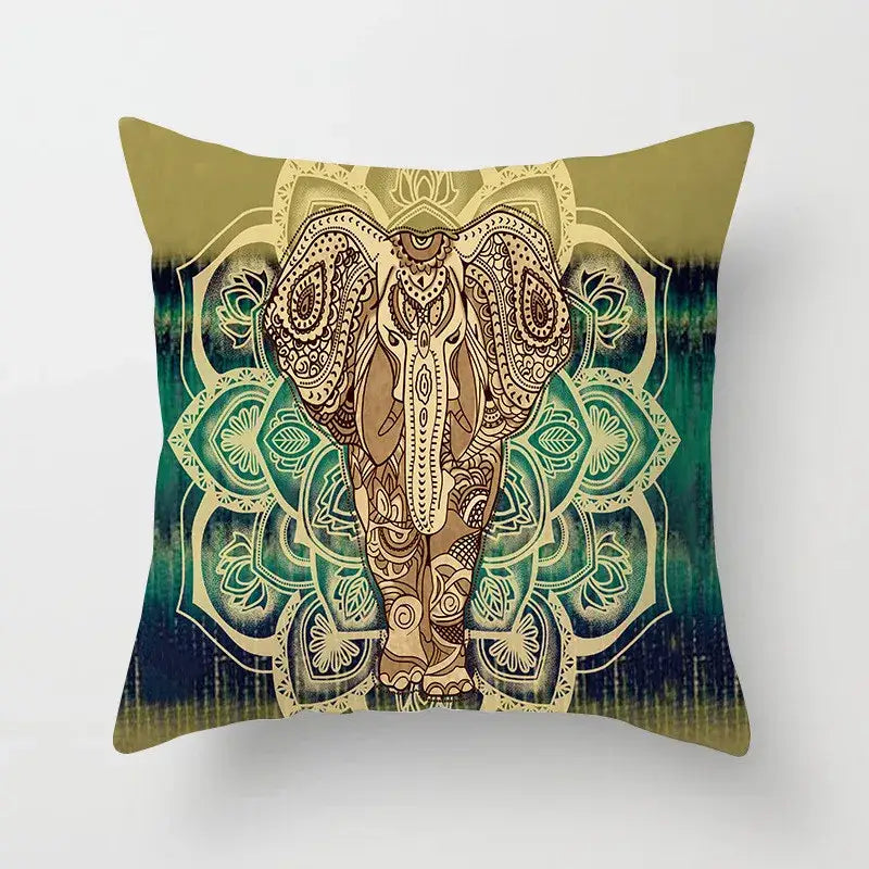 Ethnic geometric square pillowcase teal and gold with intricate elephant design and vibrant mandala for living room decorbites geometric square decor