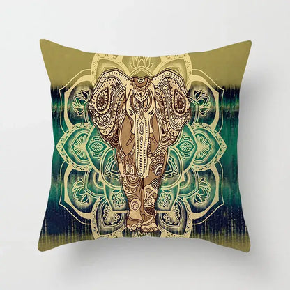 Ethnic geometric square pillowcase teal and gold with intricate elephant design and vibrant mandala for living room decorbites geometric square decor