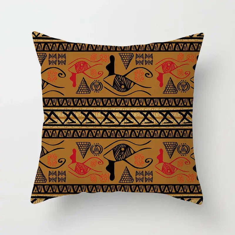 Ethnic geometric square throw pillowcase with ancient egyptian motifs in black red gold on tan decorbites geometric square