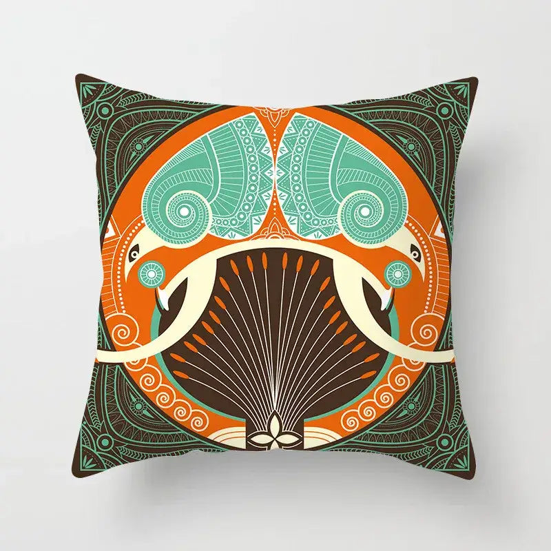 Ethnic decorbites geometric square pillowcase with vibrant teal and orange stylized peacocks on dark brown background