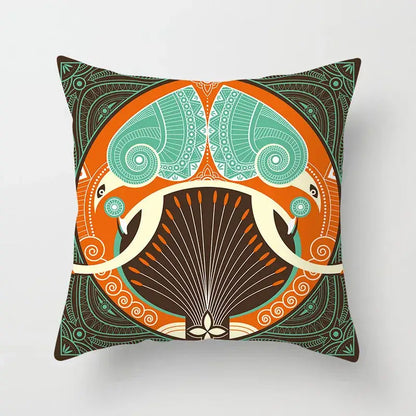 Ethnic decorbites geometric square pillowcase with vibrant teal and orange stylized peacocks on dark brown background