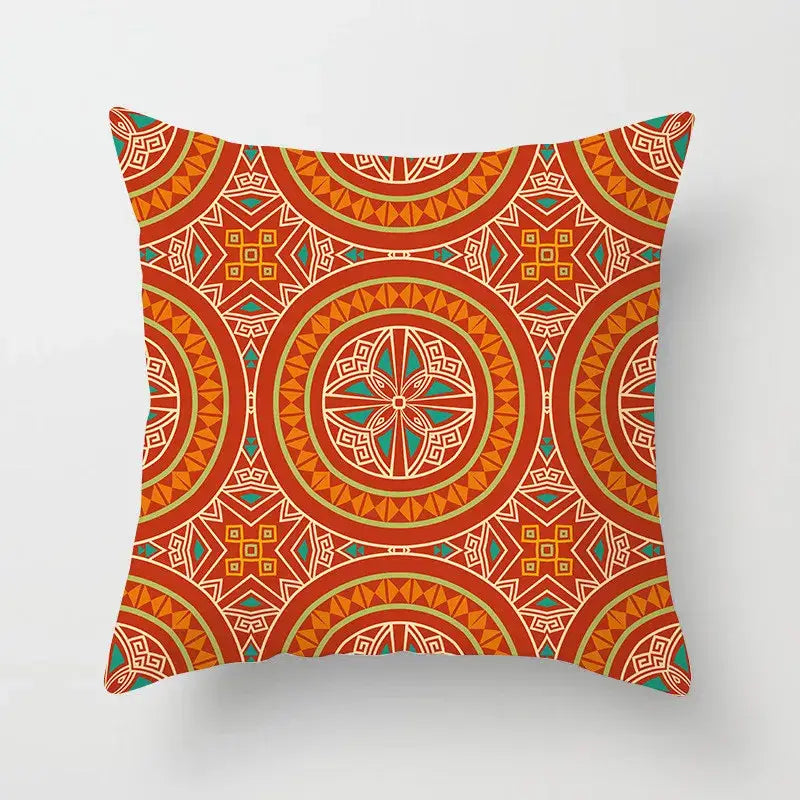 Ethnic decorbites geometric square pillowcase featuring vibrant orange teal mandala with gold accents for living room decor