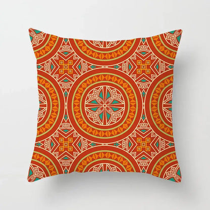 Ethnic decorbites geometric square pillowcase featuring vibrant orange teal mandala with gold accents for living room decor