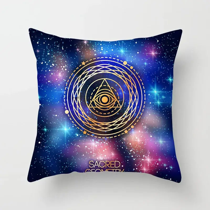 Ethnic decorbites geometric square pillowcase with teal and gold cosmic design on deep blue starry background for living room decor