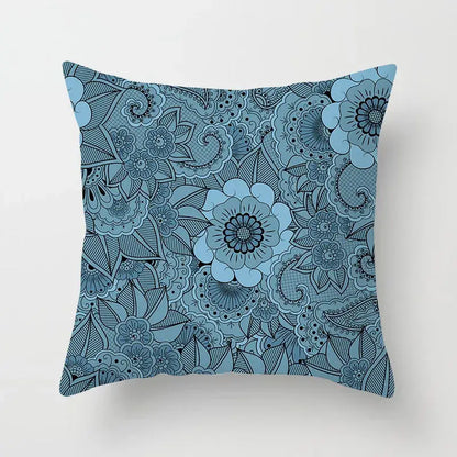 Ethnic decorbites geometric square pillowcase with intricate hand-drawn blue and black floral pattern for living room decor