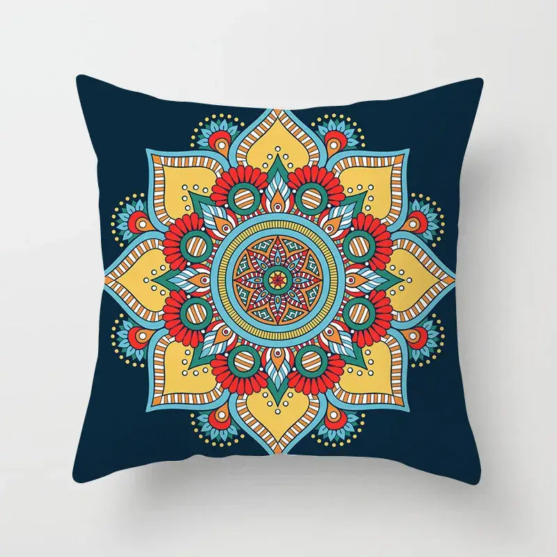 A decorbites geometric square pillowcase with a navy blue background and bold teal and gold ethnic geometric patterns