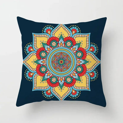 A decorbites geometric square pillowcase with a navy blue background and bold teal and gold ethnic geometric patterns