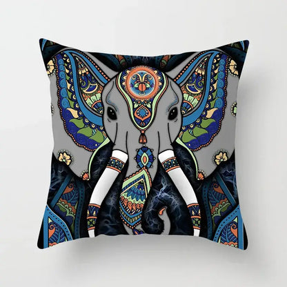 Ethnic geometric square pillowcase by decorbites featuring ornate elephant design in teal and gold for living room decor