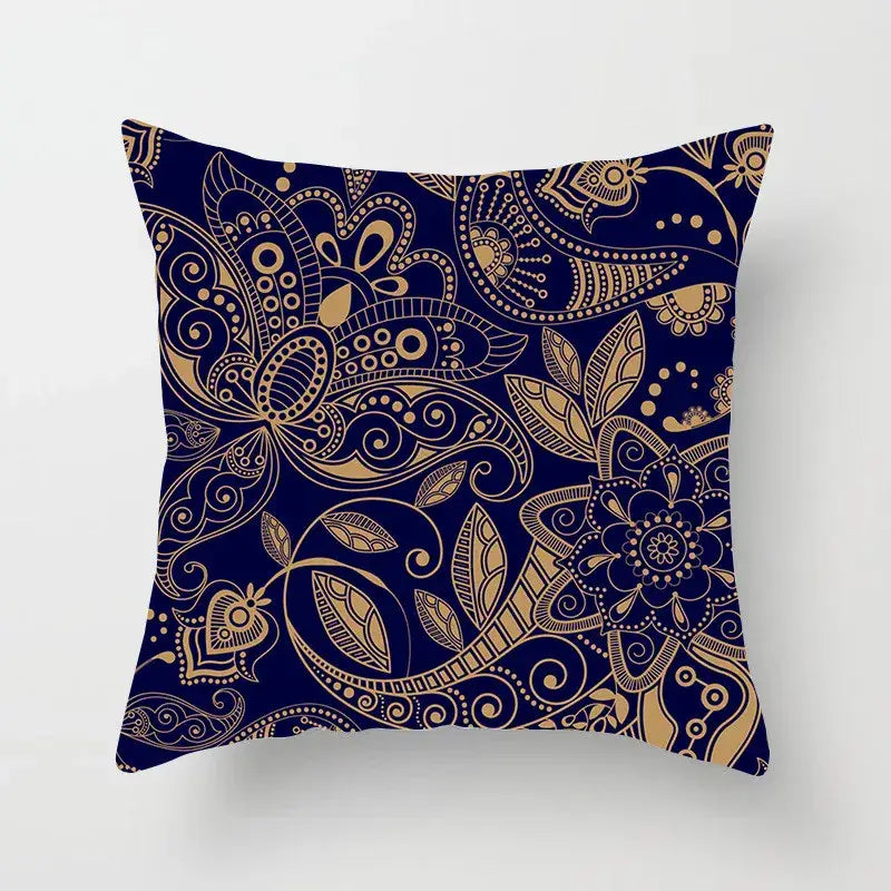Decorbites geometric square pillowcase with intricate gold paisley and floral patterns on deep navy blue decor