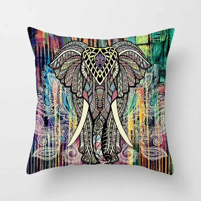 A vibrant decorbites geometric square pillowcase with a detailed teal and gold elephant design for living room decor