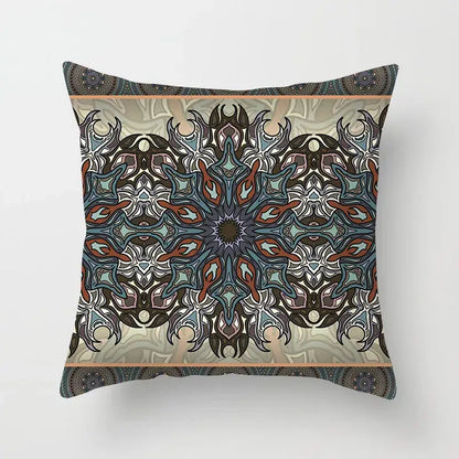 Square throw pillow with intricate teal rust mandala design on beige background for decorbites geometric square decor