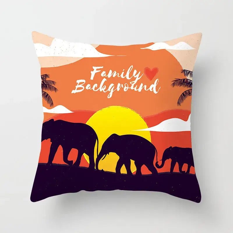 Ethnic geometric square pillowcase with vibrant sunset and silhouetted elephants in teal and gold decorbites geometric style