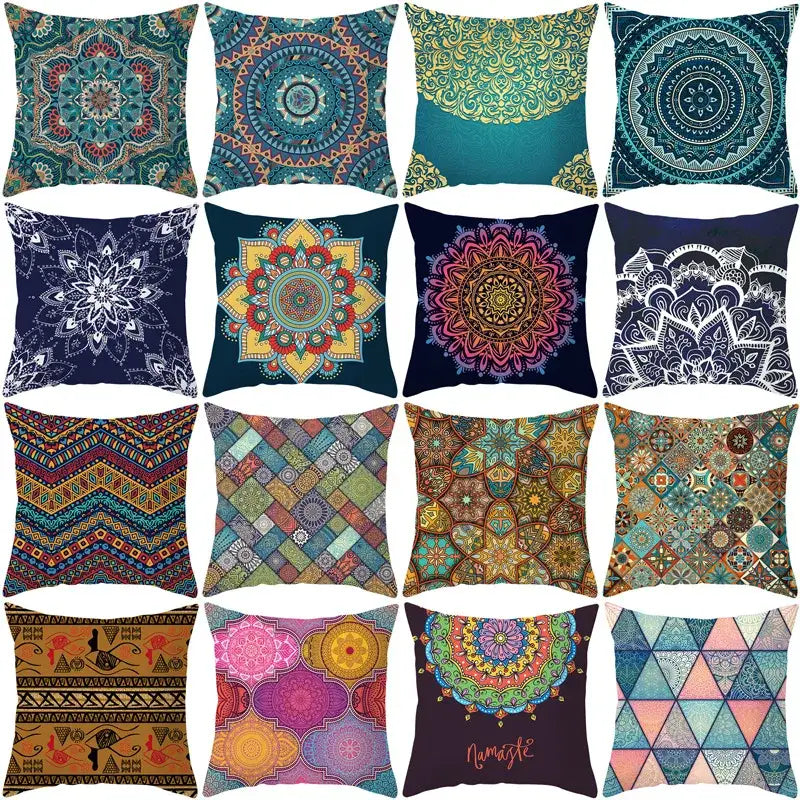 A decorbites geometric square pillowcase featuring teal and gold ethnic geometric patterns for living room decor