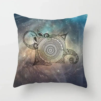 Ethnic decorbites geometric square pillowcase teal and gold featuring mandala teapot on cosmic galaxy background