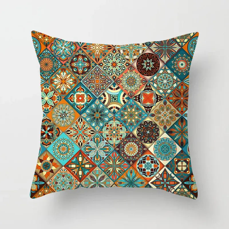 Ethnic geometric square pillowcase with vibrant teal and gold mosaic floral patterns for decorbites geometric square decor