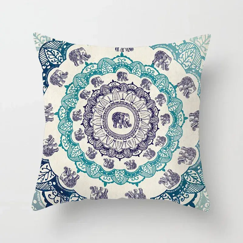 Ethnic geometric square pillowcase teal and gold living room decor featuring intricate mandala and elephant design in teal and navy blue