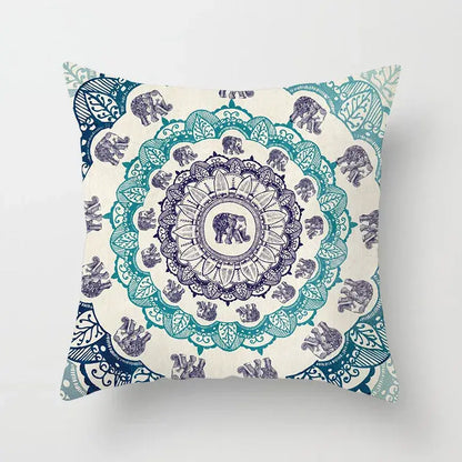 Ethnic geometric square pillowcase teal and gold living room decor featuring intricate mandala and elephant design in teal and navy blue