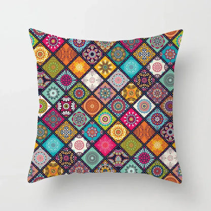 Ethnic geometric square pillowcase with vibrant mandala patchwork in teal gold for decorbites geometric square decor