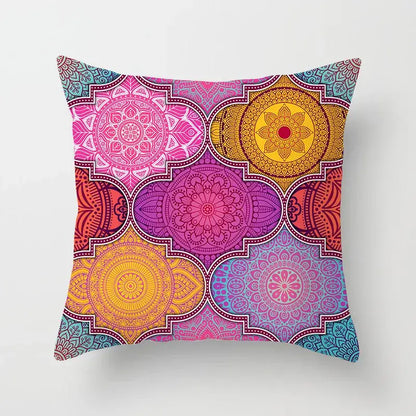 Vibrant decorbites geometric square pillowcase with intricate pink yellow purple and teal mandala patterns for living room decor