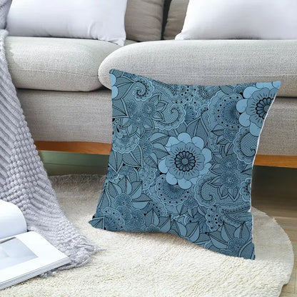 Ethnic decorbites geometric square pillowcase in teal with intricate lace-like blue floral patterns for living room decor
