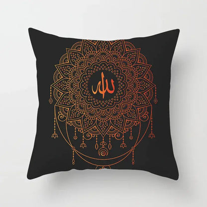 Black throw pillow with intricate orange mandala and central arabic calligraphy in decorbites geometric square pillowcase design