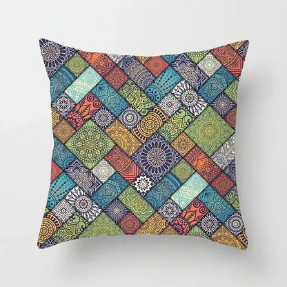 Ethnic decorbites geometric square pillowcase with colorful mandala patchwork in teal and gold for living room decor