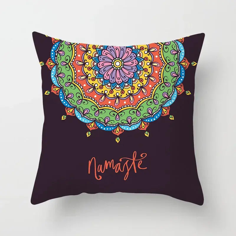 Dark purple decorbites geometric square pillowcase with vibrant mandala and namaste for living room decor