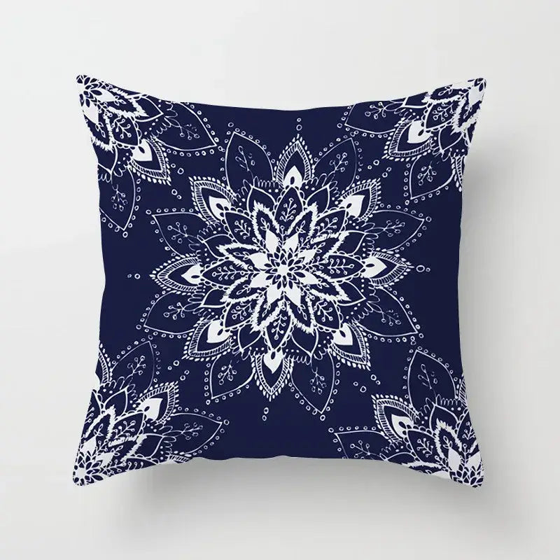 Navy blue decorbites geometric square pillowcase with intricate white mandala design for living room decor