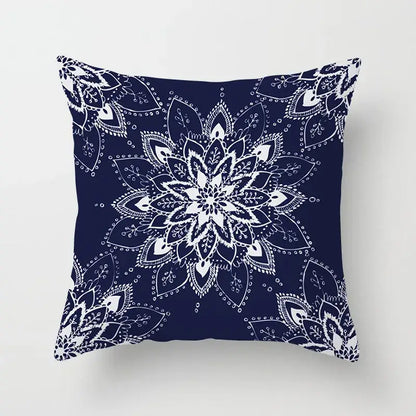 Navy blue decorbites geometric square pillowcase with intricate white mandala design for living room decor