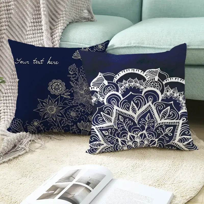 Navy blue throw pillows with intricate white mandala floral patterns decorbites geometric square pillowcase for living room decor