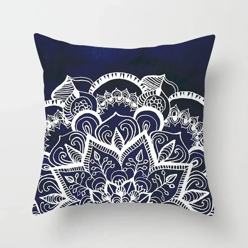 Navy blue throw pillow with intricate white mandala design for decorbites geometric square pillowcase living room decor