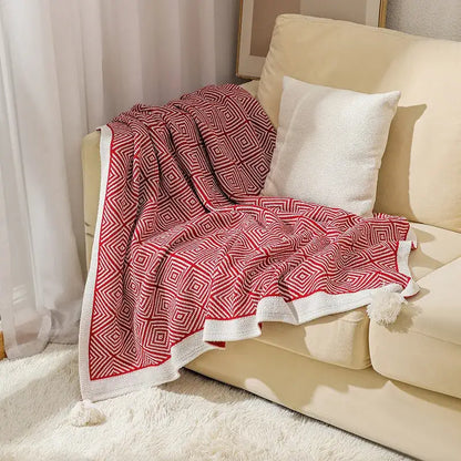 Red and white ethnic geometry knitted throw blanket with tassels for living room sofa decorbites ethnic geometry design