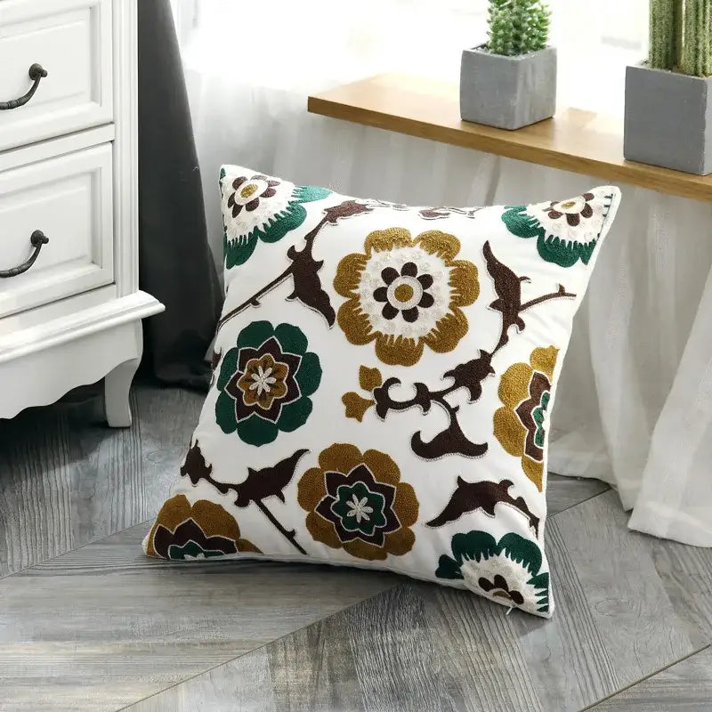 White cushion pillow cover with embroidered gold green and brown floral pattern ethnic style canvas for living room decorbites ethnic style decor