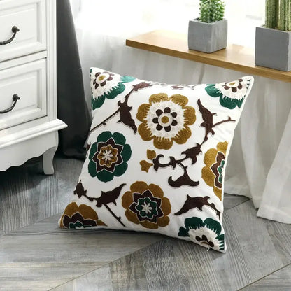 White cushion pillow cover with embroidered gold green and brown floral pattern ethnic style canvas for living room decorbites ethnic style decor
