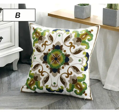 White square pillow cover with ethnic style canvas and intricate green brown navy blue floral embroidery for living room decorbites ethnic style decor