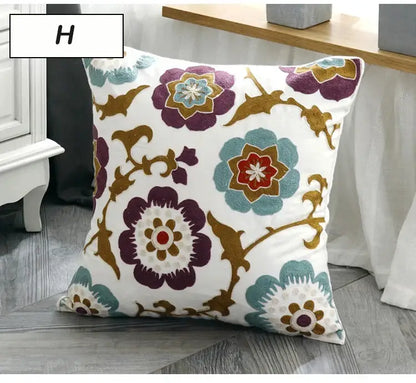 White cushion pillow cover with embroidered purple teal and gold floral patterns for decorbites ethnic style canvas decor