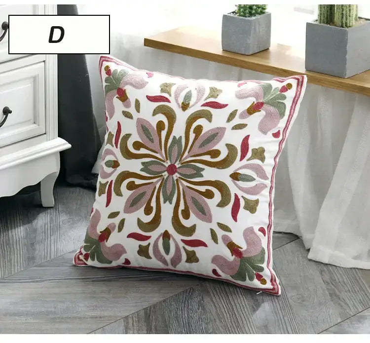 White ethnic style canvas pillow cover with intricate pink green and gold embroidered floral pattern for living room decorbites ethnic style decor
