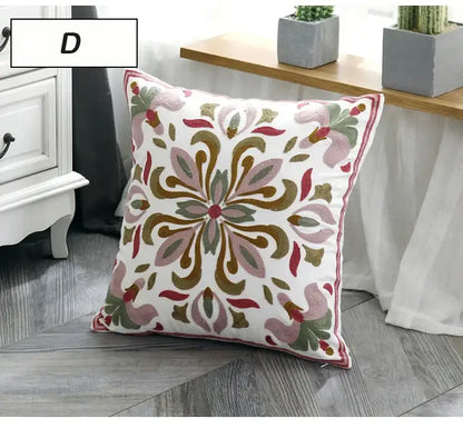 White ethnic style canvas pillow cover with intricate pink green and gold embroidered floral pattern for living room decorbites ethnic style decor