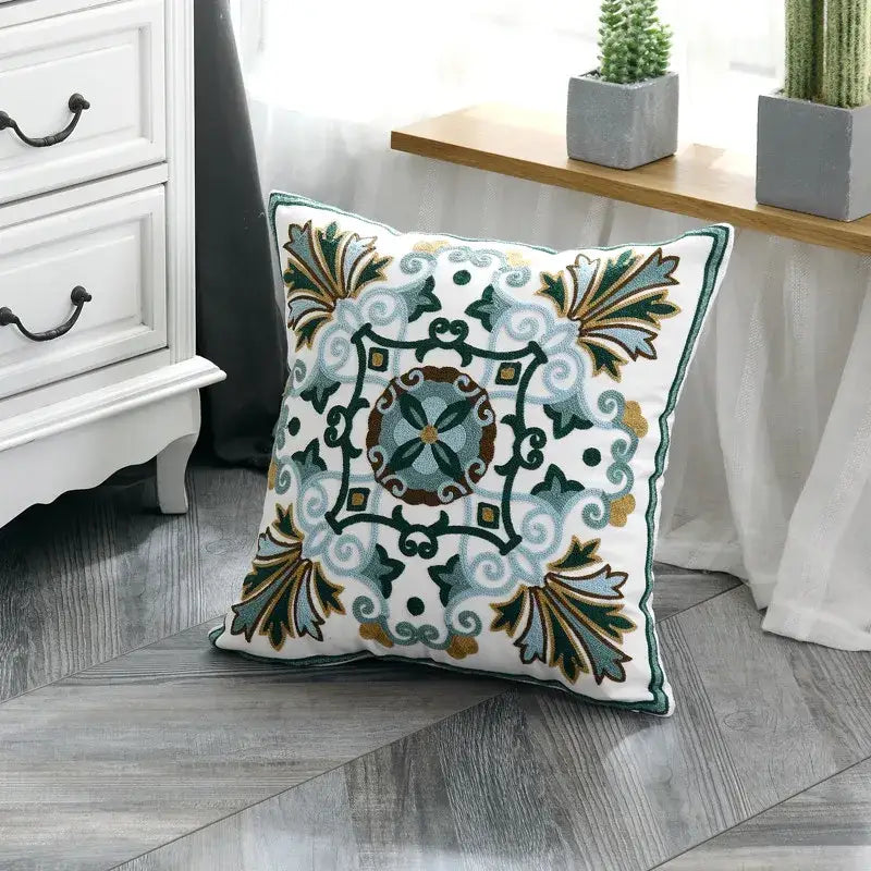 White square ethnic style canvas pillow cover with intricate teal green gold embroidery for decorbites ethnic style decor