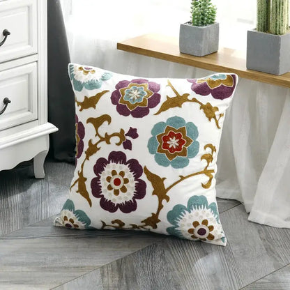 White throw pillow cover with embroidered ethnic style floral pattern in purple teal gold and red for living room decorbites ethnic style canvas