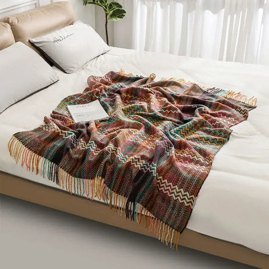 Cozy multicolored zigzag throw blanket with fringed edges decorbites ethnic wave woven tassel for bedroom decor