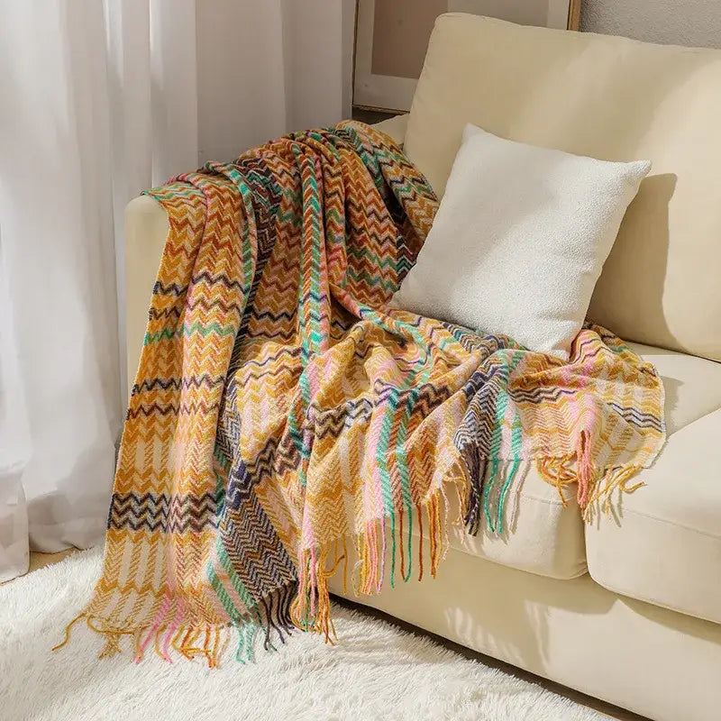 Colorful ethnic wave woven tassel throw blanket with multicolored zigzag pattern and fringed edges for bedroom decorbites