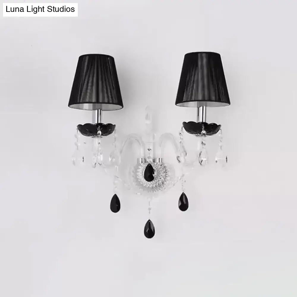 Elegant european black crystal wall sconce with pleated linen lampshades for bedroom lighting