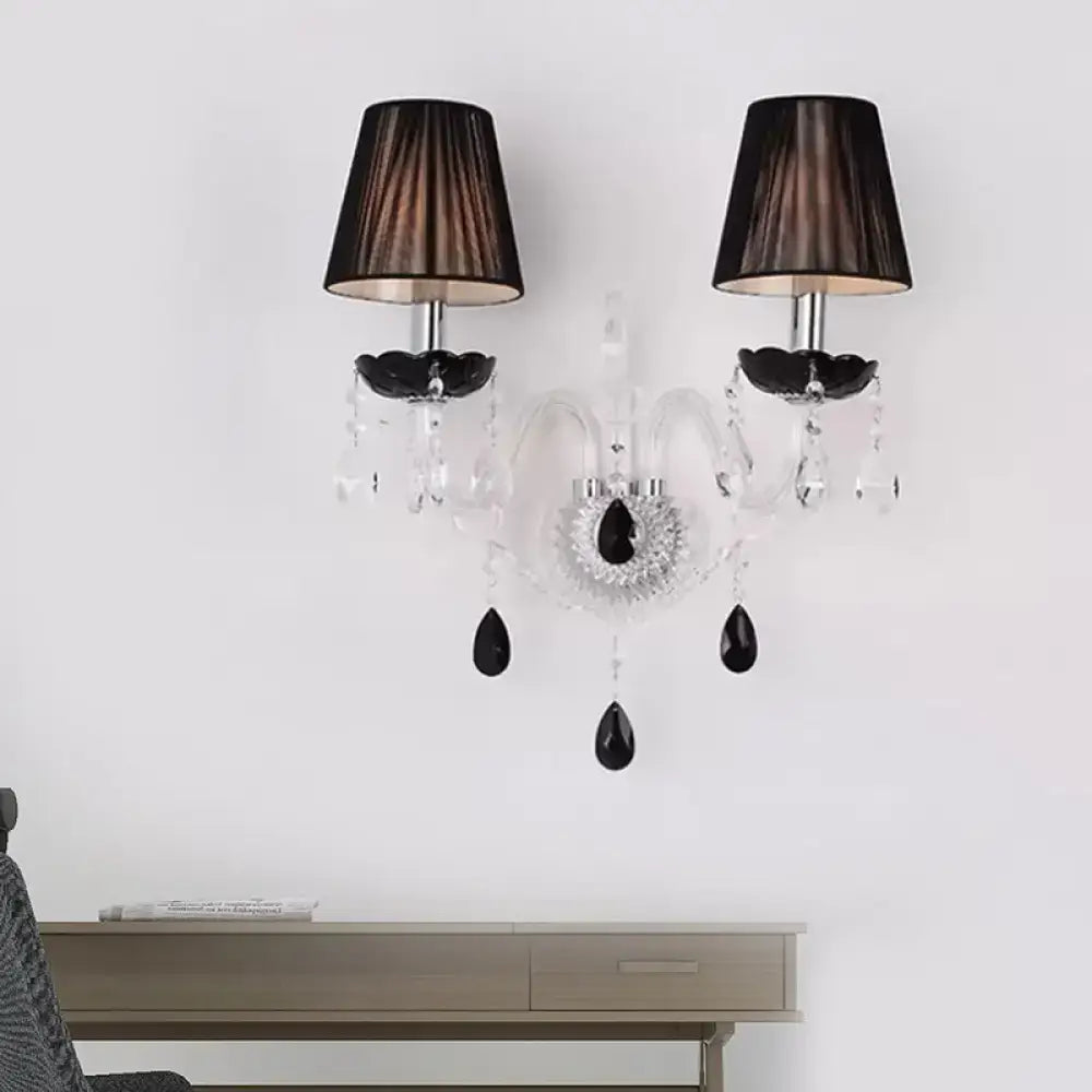 Elegant european black crystal wall sconce with pleated linen fluted shades for bedroom lighting