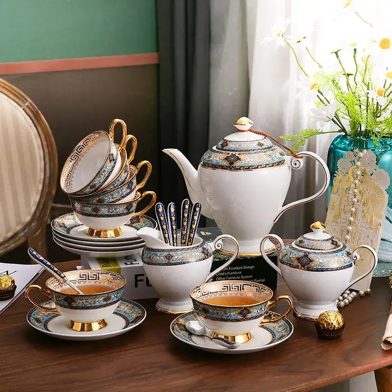 White porcelain bone china tea set with blue and gold decorative patterns from decorbites bone china collection