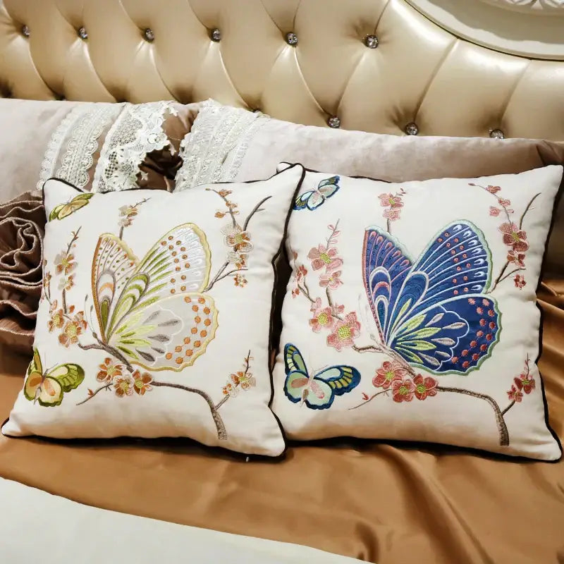 Cream-colored European embroidered butterfly and dragonfly sofa cushion cover with vibrant floral embroidery for living room
