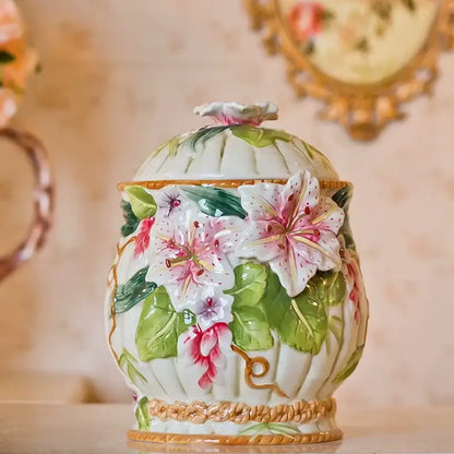 White ceramic cookie jar with pink and green lily flowers for living room decorbites elephant vase collection