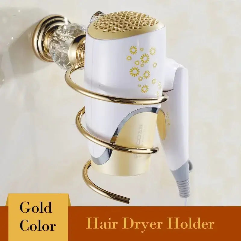 Gold-colored hair dryer holder with crystal-accented wall mount and spiral design for decorbites crystal bathroom towel rack
